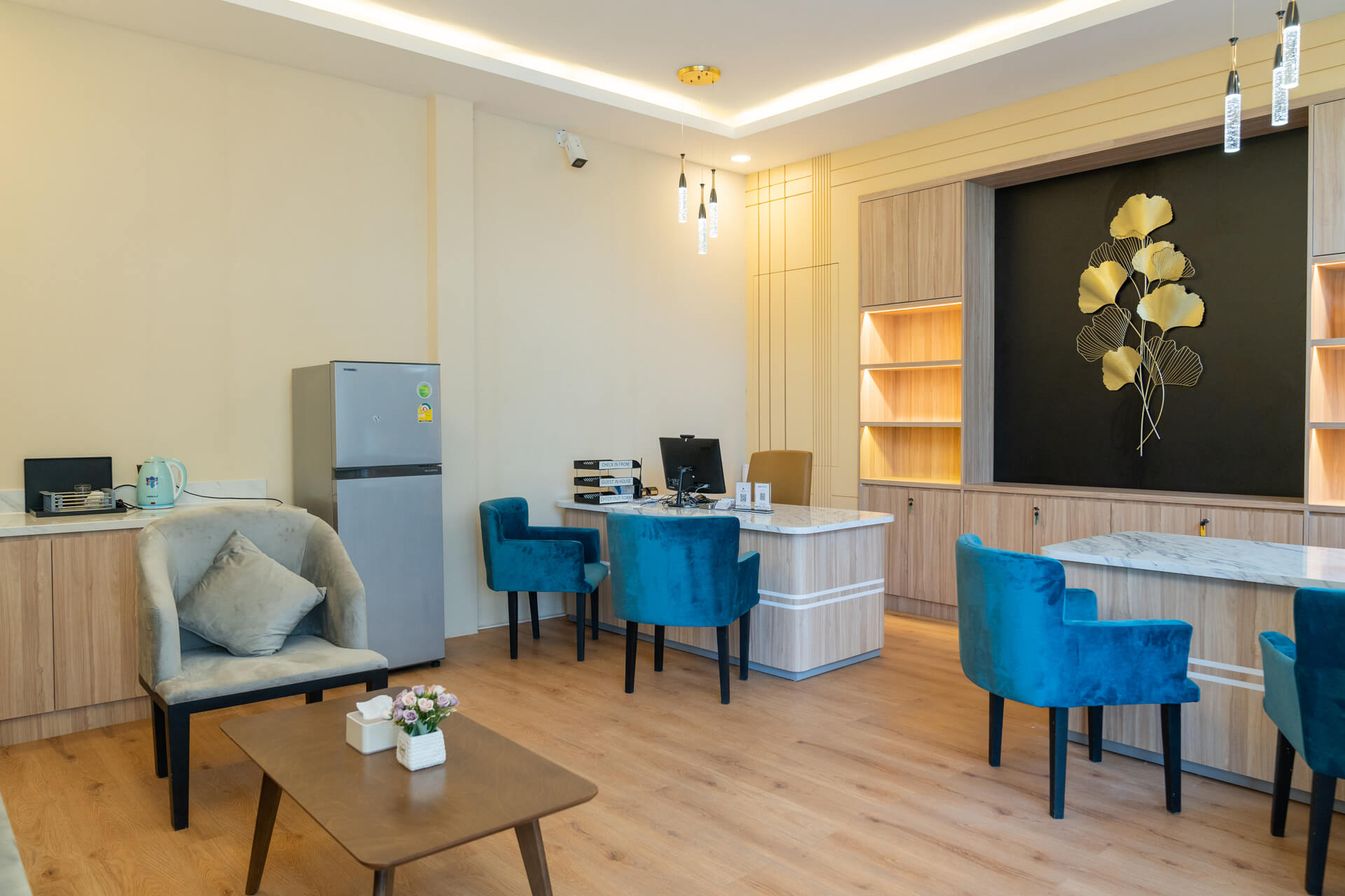 The modern and stylish lobby of 85 Soho Phnom Penh, showcasing a welcoming entrance for guests.