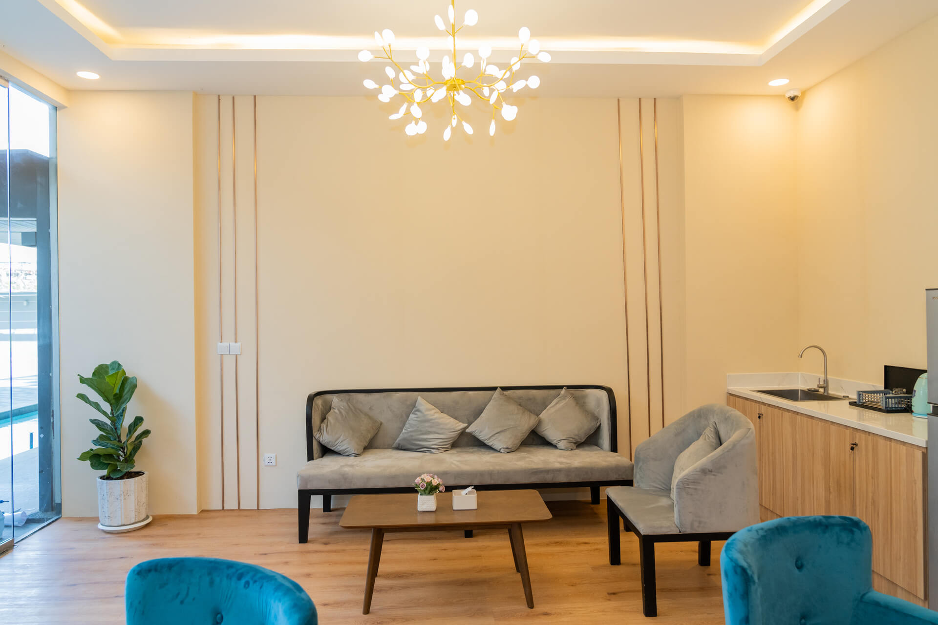 The elegant lobby of 85 Soho Phnom Penh, designed to make a great first impression for all visitors to this hotel and serviced apartment.