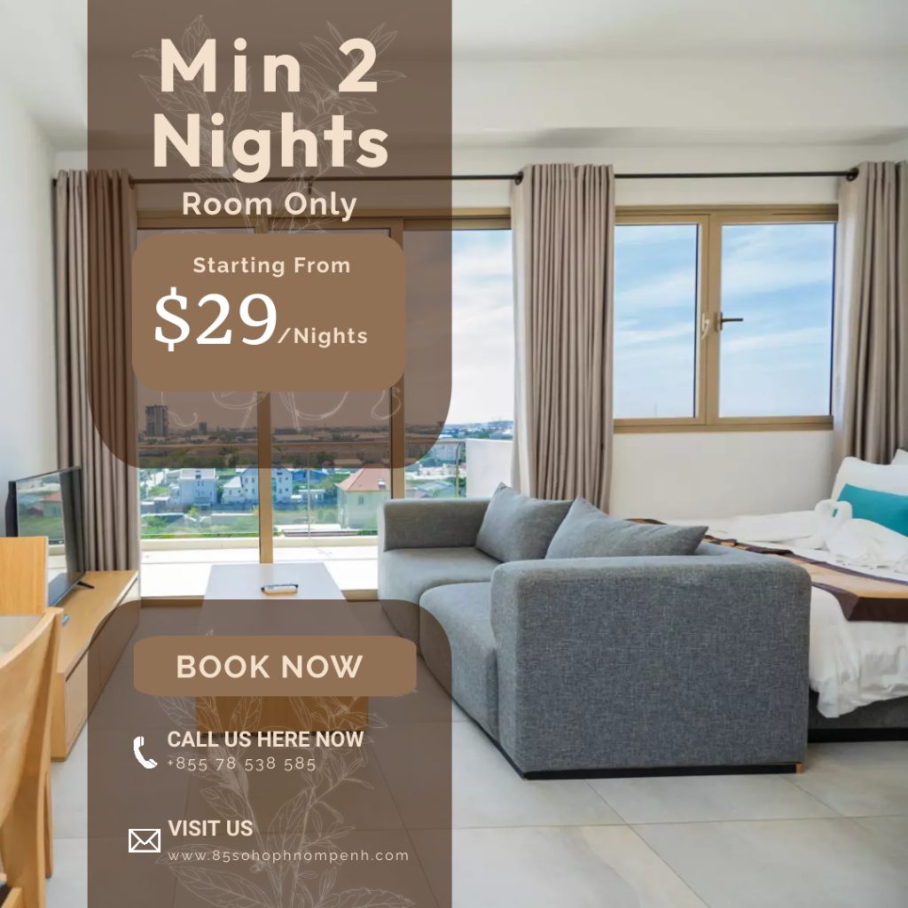 Grab our Minimum 2 Nights Stay Room Only promotion starting from $29! 85 SOHO Phnom Penh is the perfect holiday whether it is for leisure or short term business trips, because our offer will give you the break you need at an affordable price.